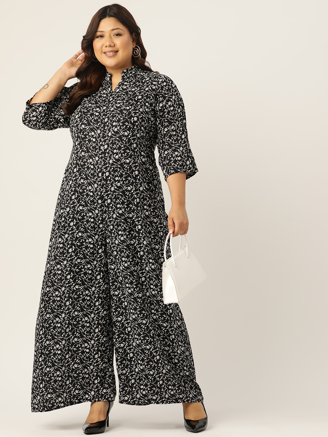 Women's Plus Size Black Small Floral Printed Basic Jumpsuit