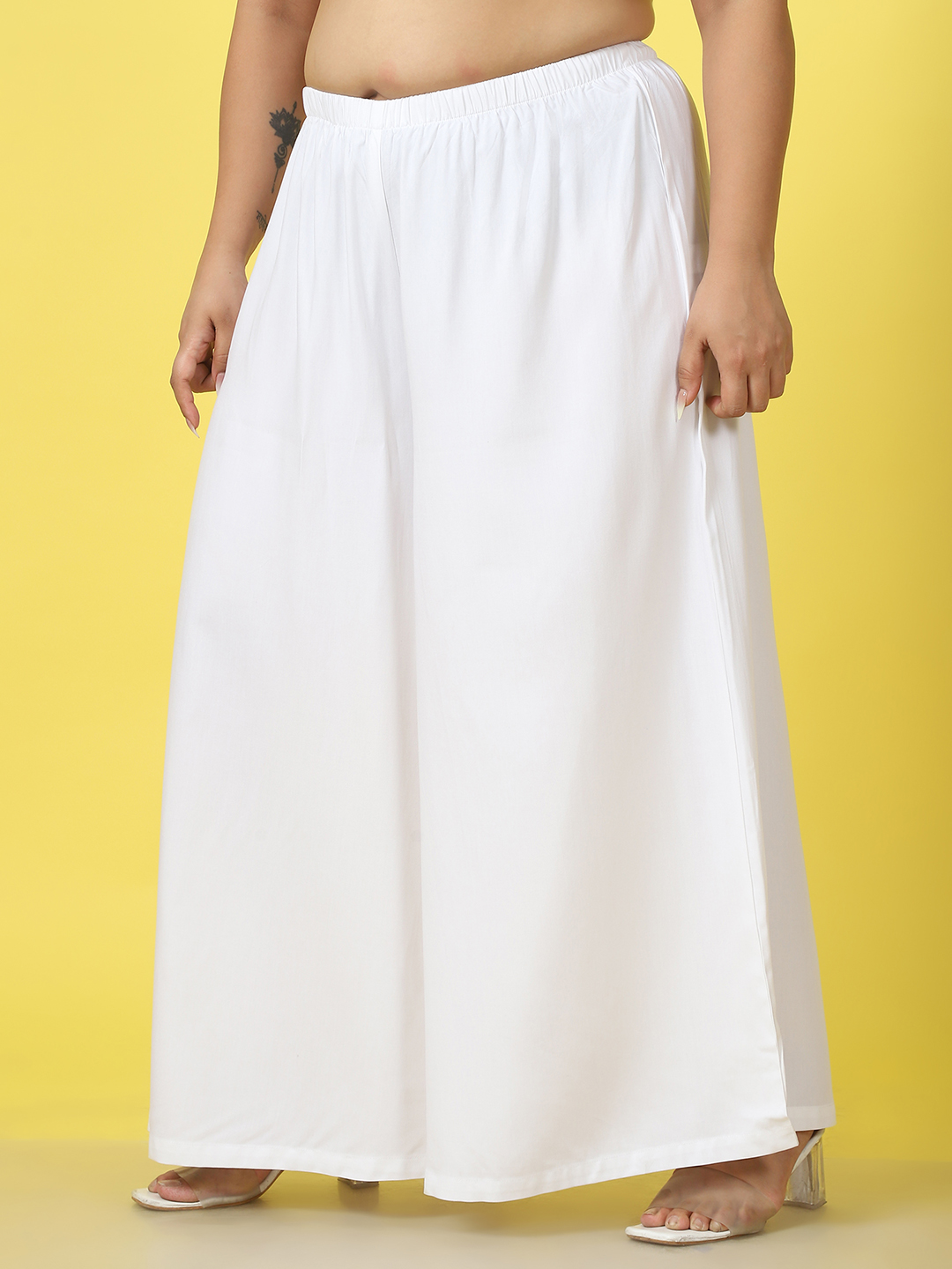 Women's Plus Size White Solid Color High-Rise Relaxed Palazzos