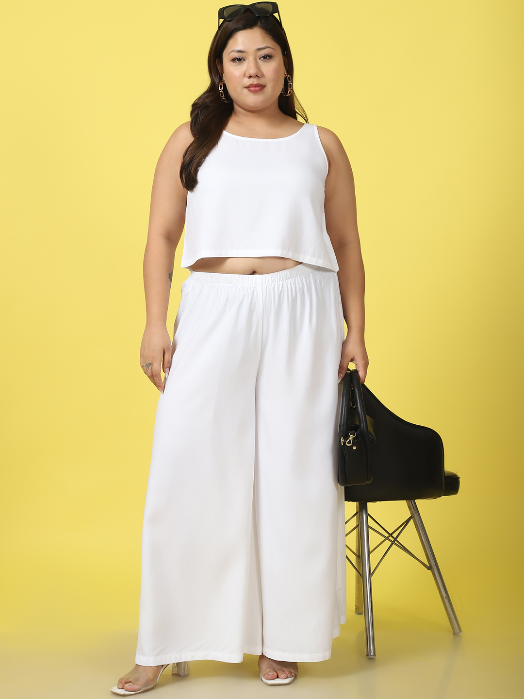 Women's Plus Size White Solid Color High-Rise Relaxed Palazzos