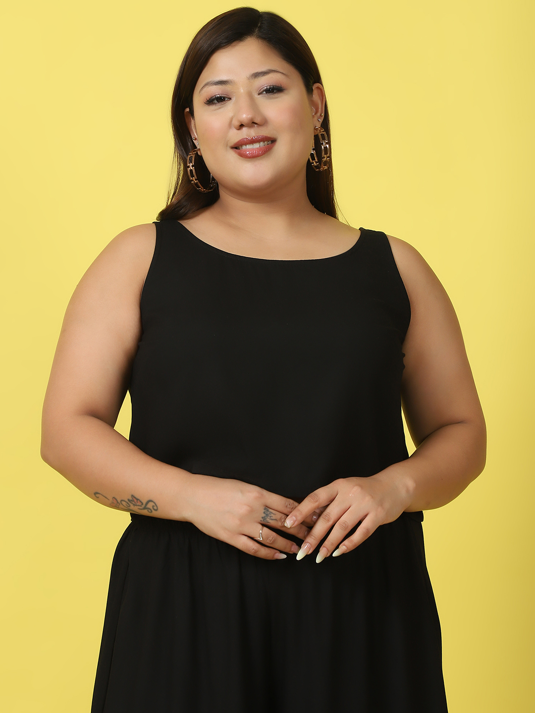 Women's Plus Size Black Solid Color Woven Cropped Top