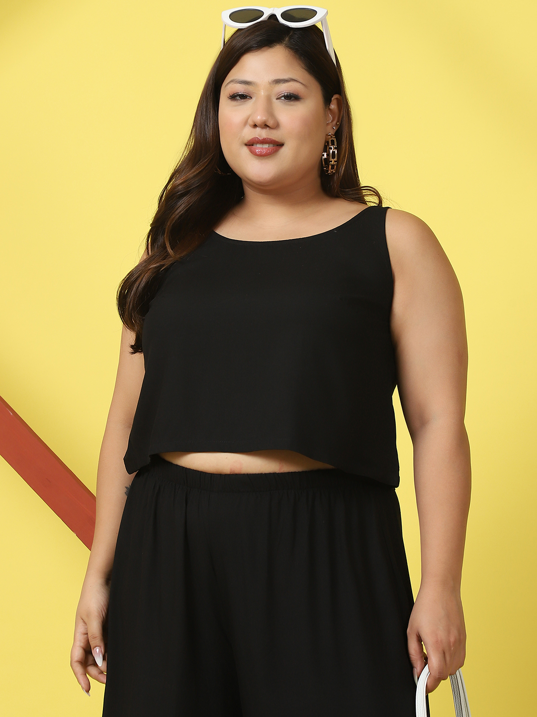 Women's Plus Size Black Solid Color Woven Cropped Top