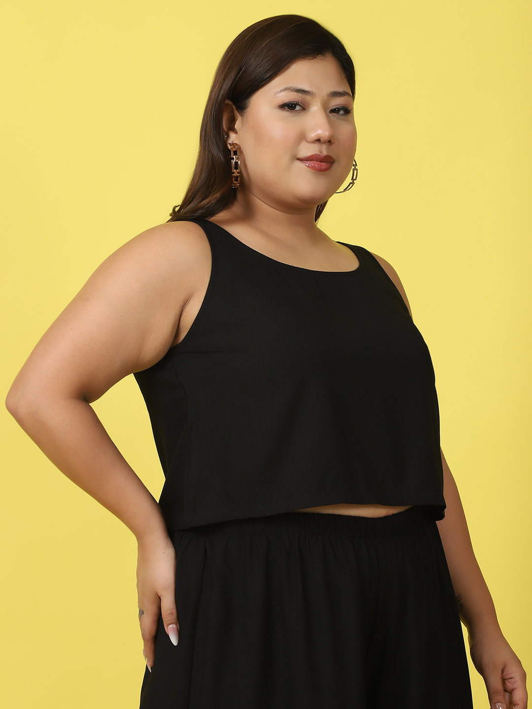 Women's Plus Size Black Solid Color Woven Cropped Top