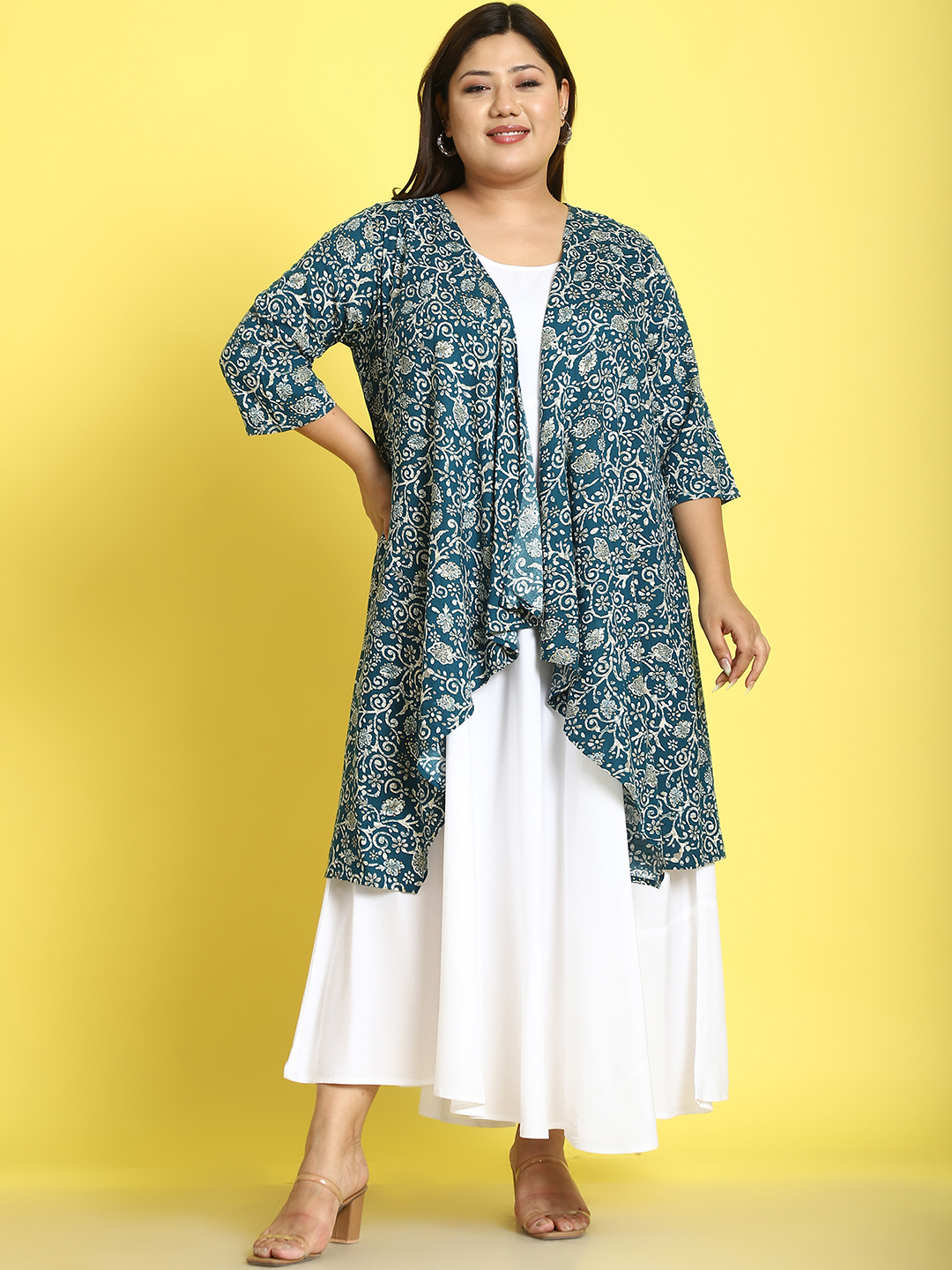 Women's Plus Size Teal Batik floral printed Maxi dress with attached open front shrug