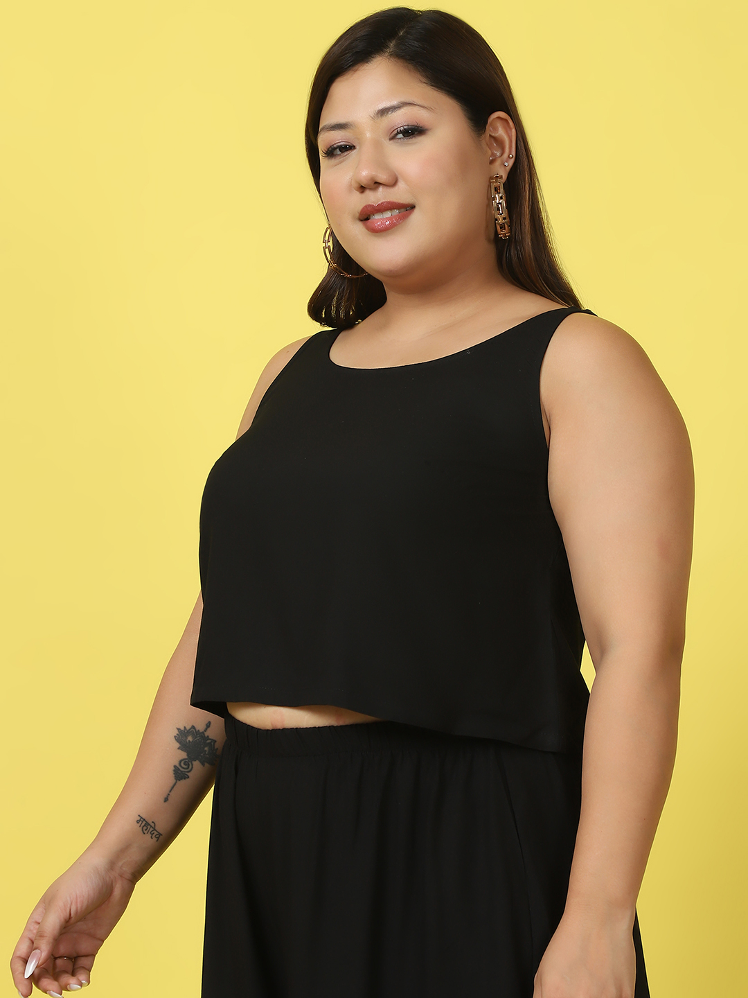 Women's Plus Size Black Solid Color Woven Cropped Top