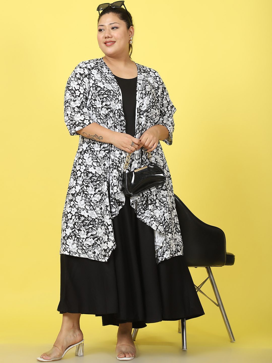 Women's Plus Size Black & White floral printed Maxi dress with attached open front shrug