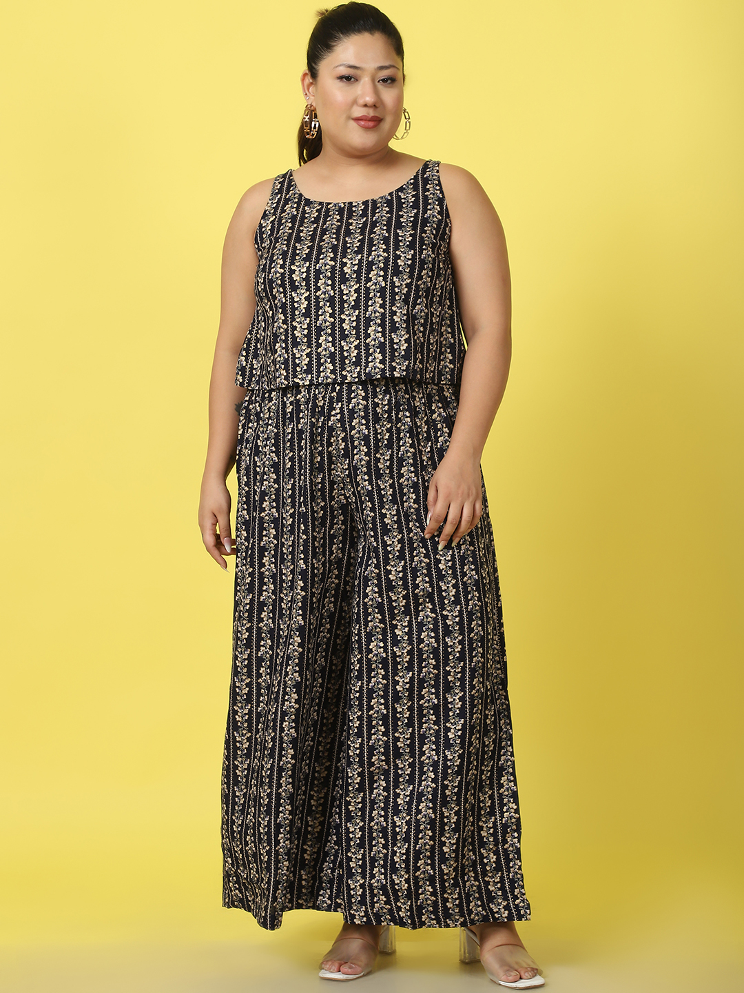 Women's Plus Size Navy Blue Gold Foil printed Co-ord Set