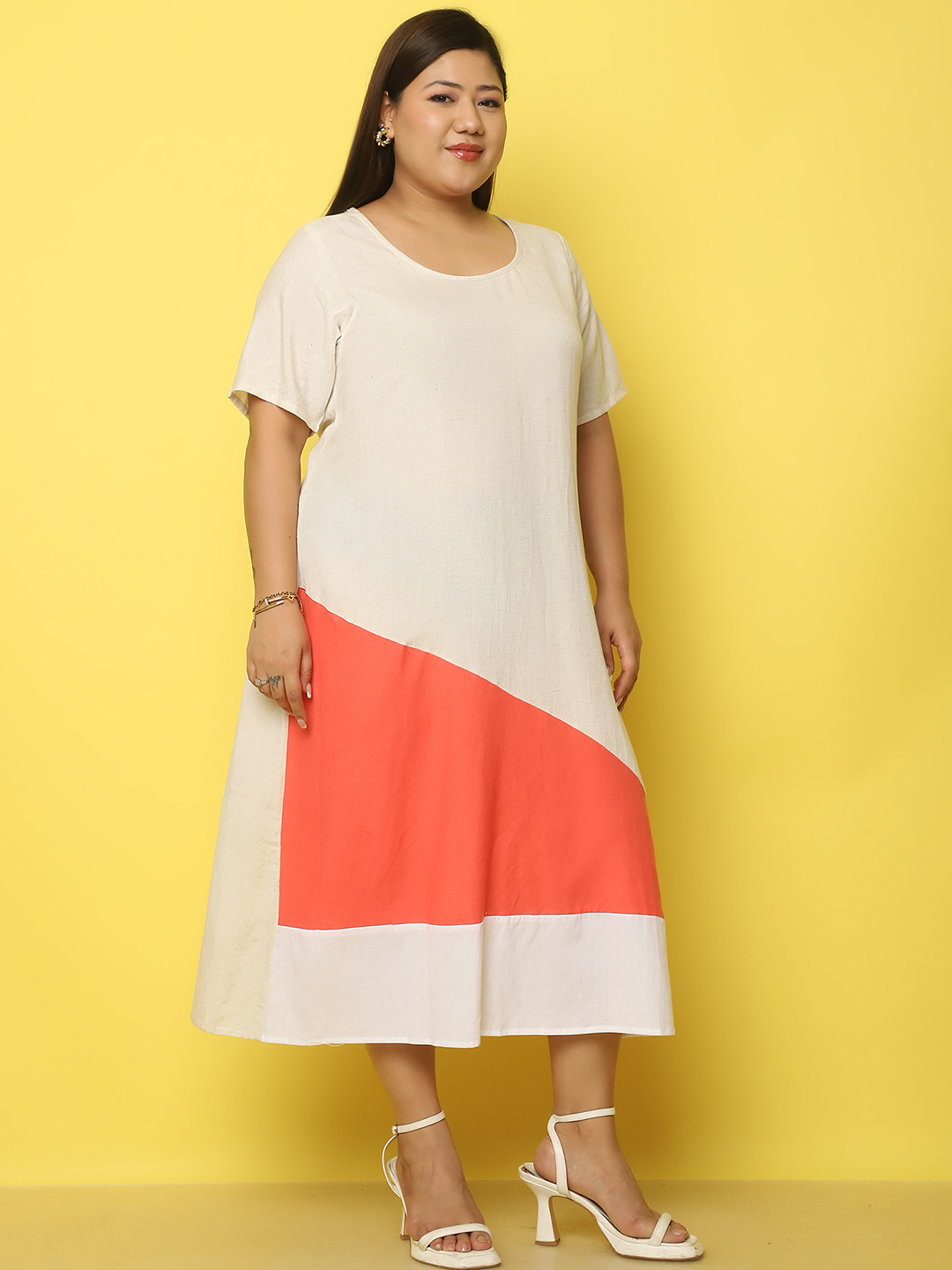 Women's Plus Size Natural, Coral & White Color block A-Line Linen Dress, has a round neck, short sleeves, midi in length and flared hem.
