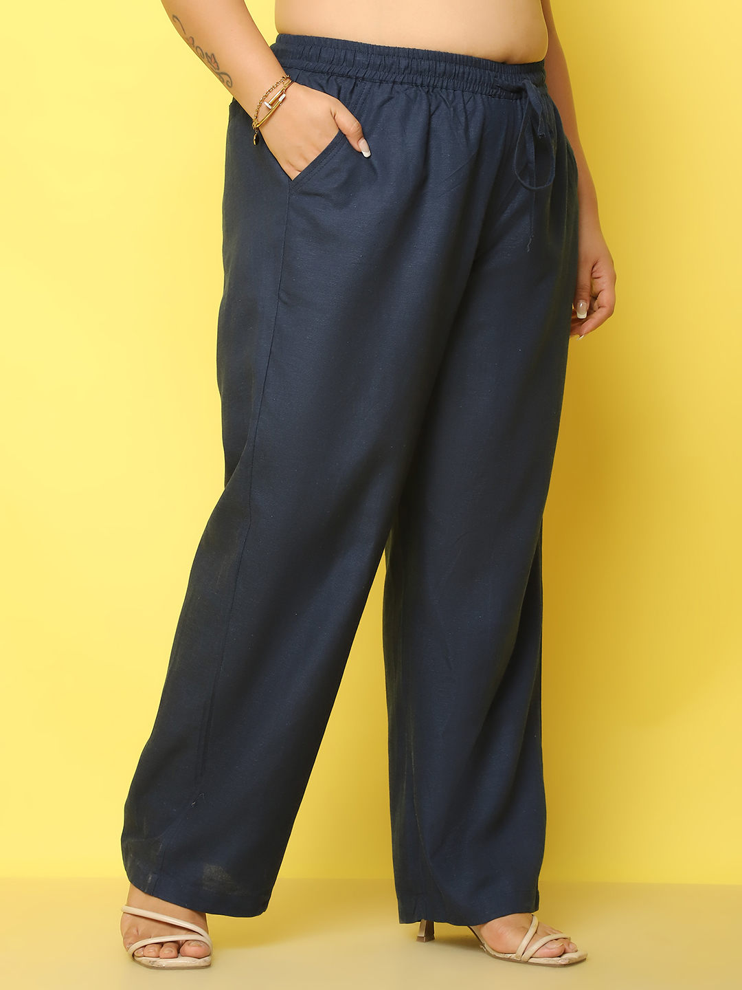 Women's Plus Size Navy Blue Solid Color Linen Trouser