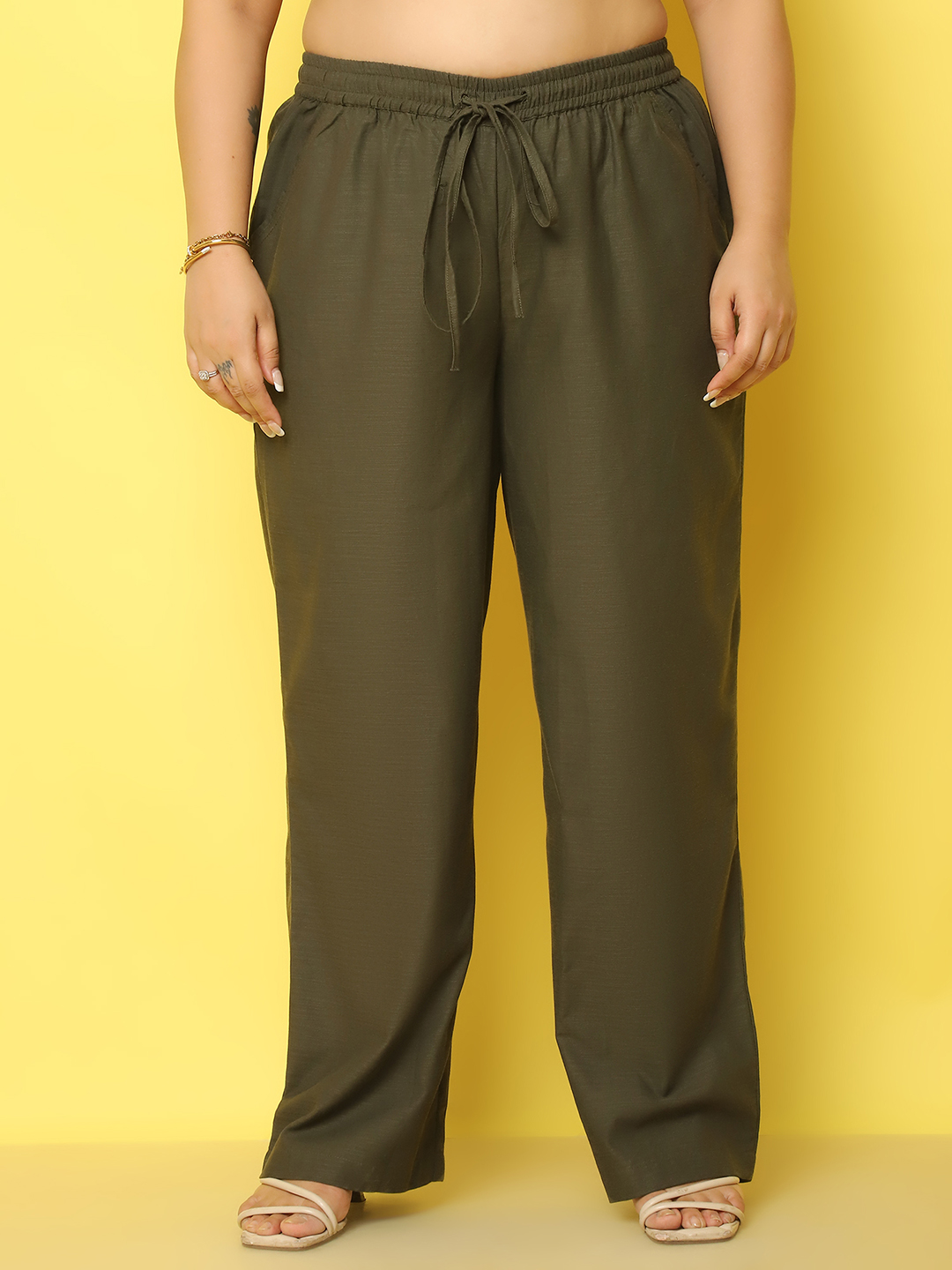 Women's Plus Size Olive Solid Color Linen Trouser