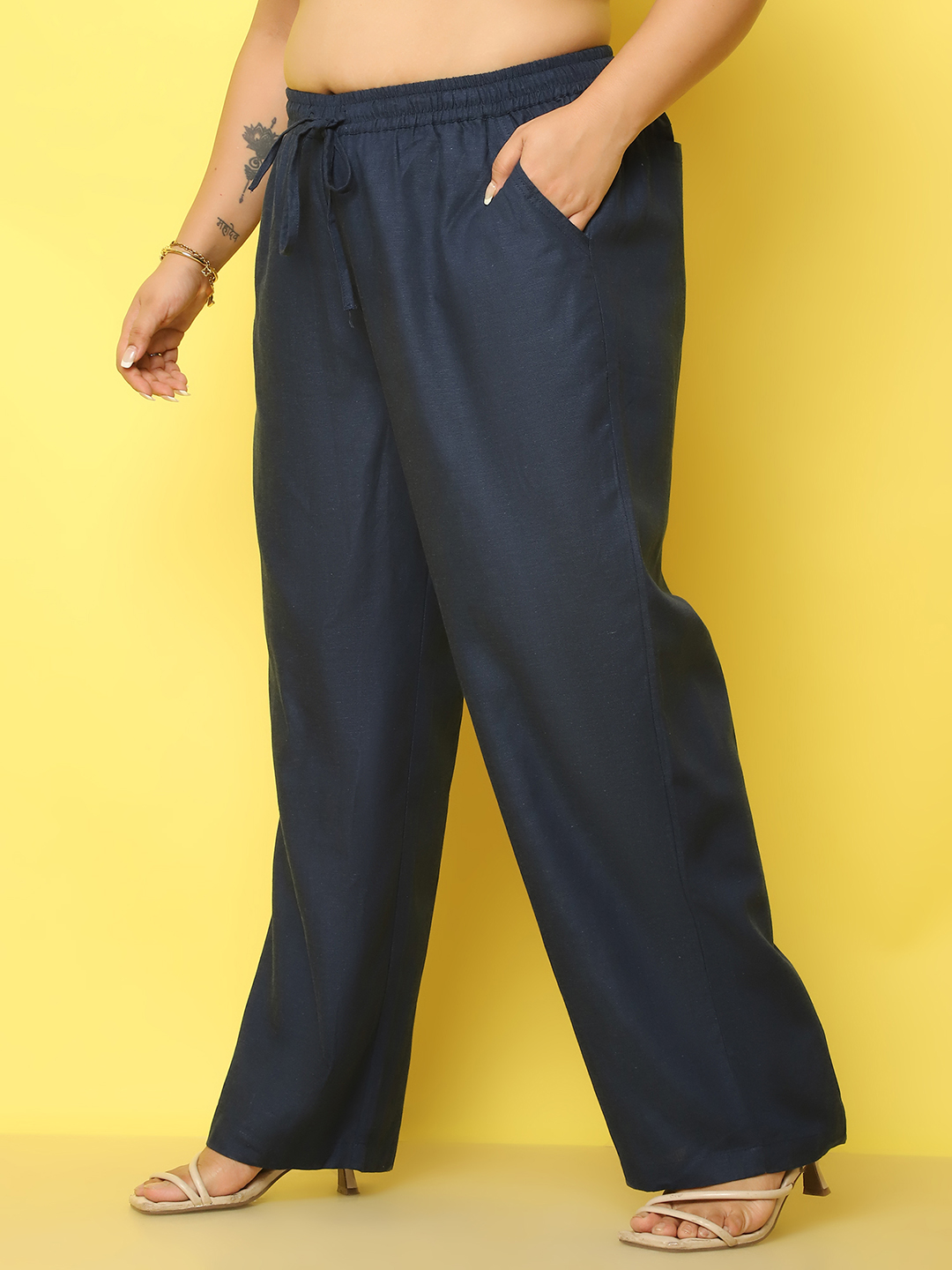 Women's Plus Size Navy Blue Solid Color Linen Trouser
