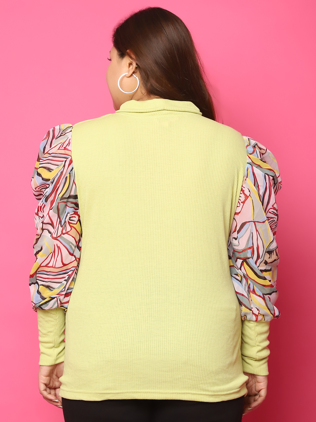 Women's Plus Size Lime solid color knitted Longline Top with attached red & yellow floral printed georgette arm