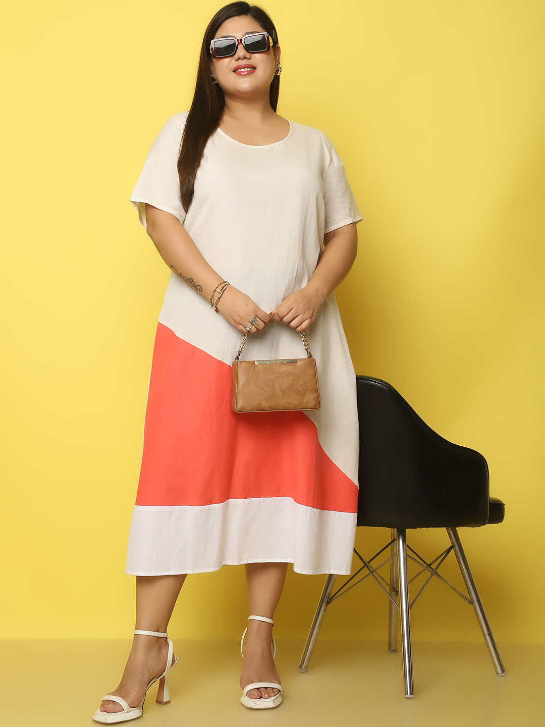 Women's Plus Size Natural, Coral & White Color block A-Line Linen Dress, has a round neck, short sleeves, midi in length and flared hem.