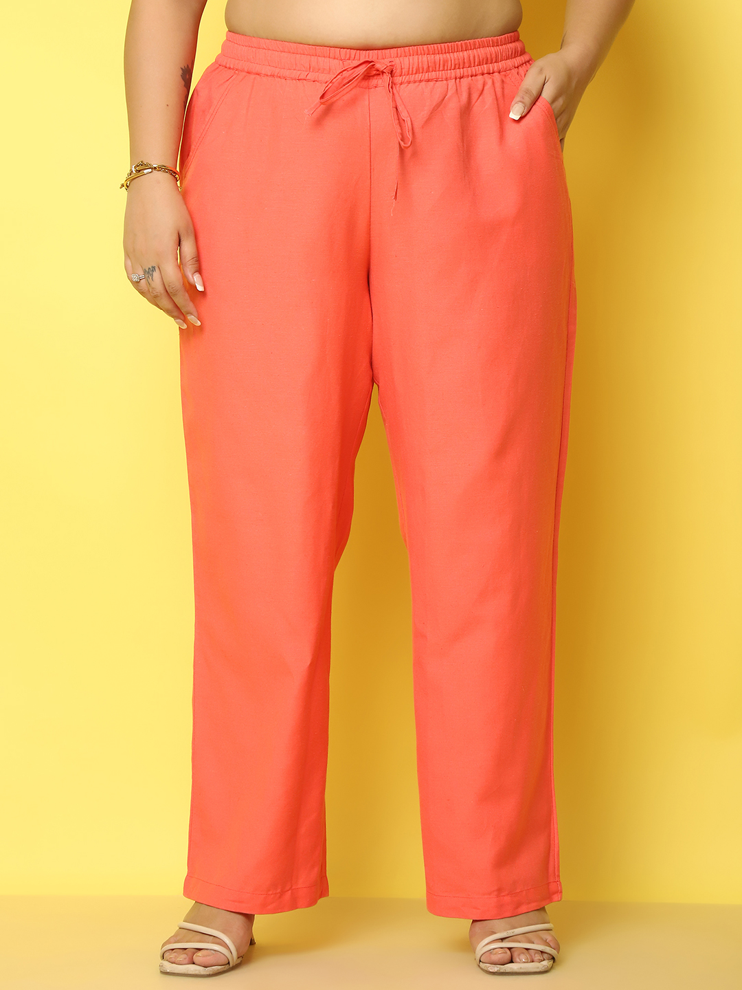Women's Plus Size Coral Solid Color Linen Trouser