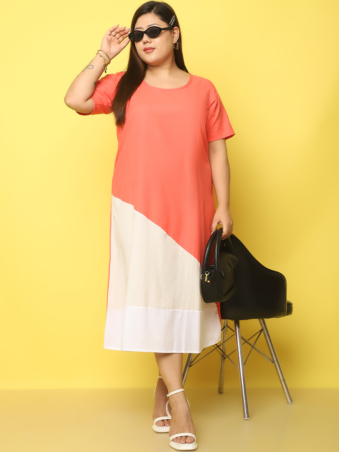 Women's Plus Size Coral, Natural & White Color block A-Line Linen Dress, has a round neck, short sleeves, midi in length and flared hem.