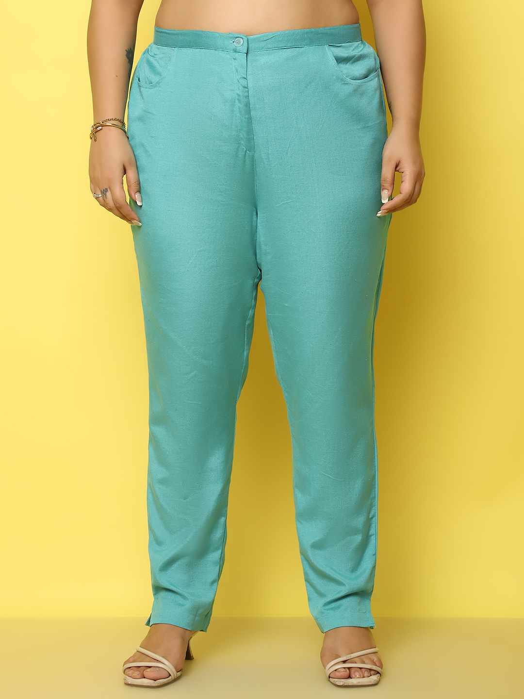Women's Plus Size Teal Solid Color Smart Tapered Fit High-Rise Trouser