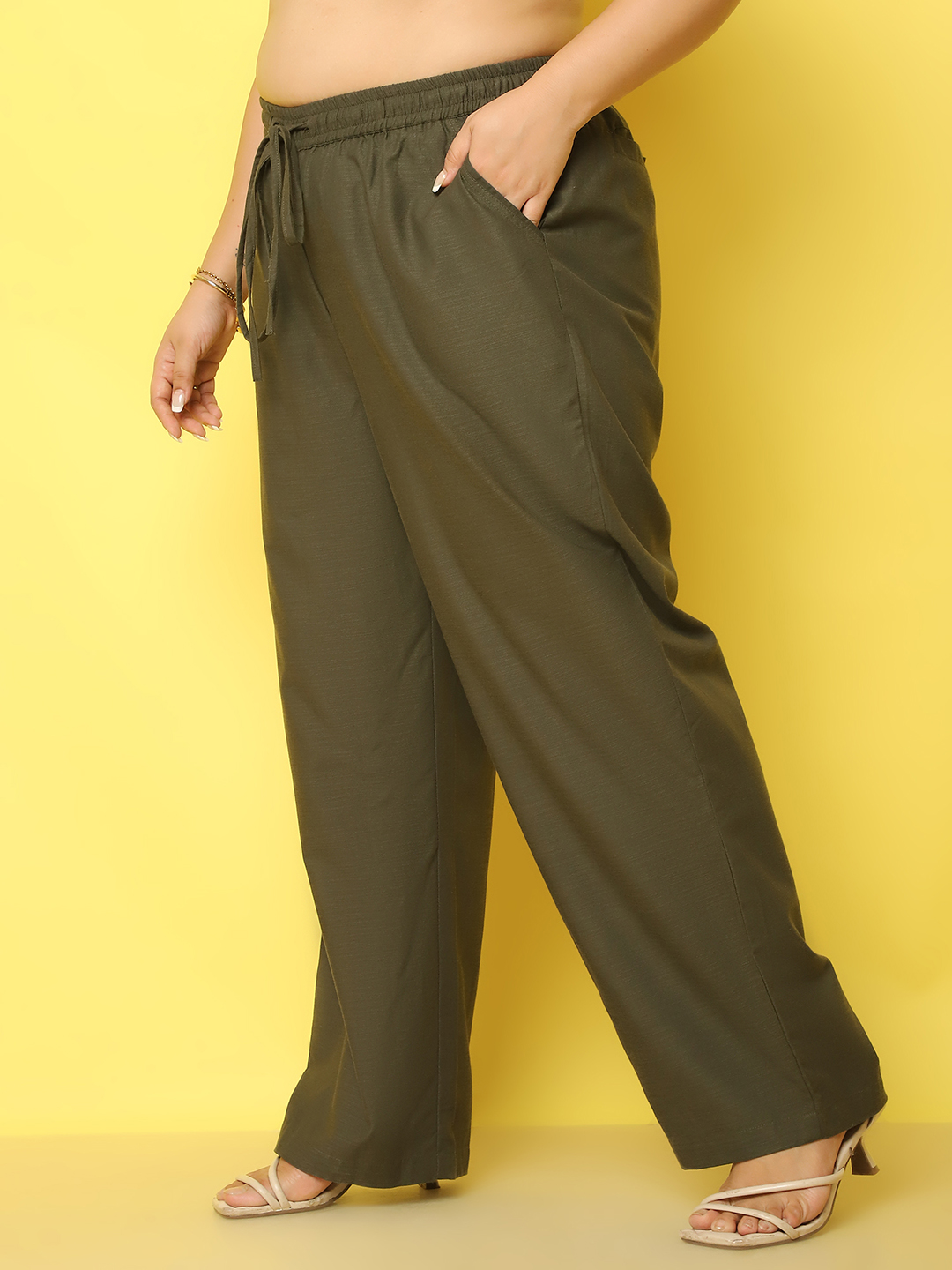 Women's Plus Size Olive Solid Color Linen Trouser
