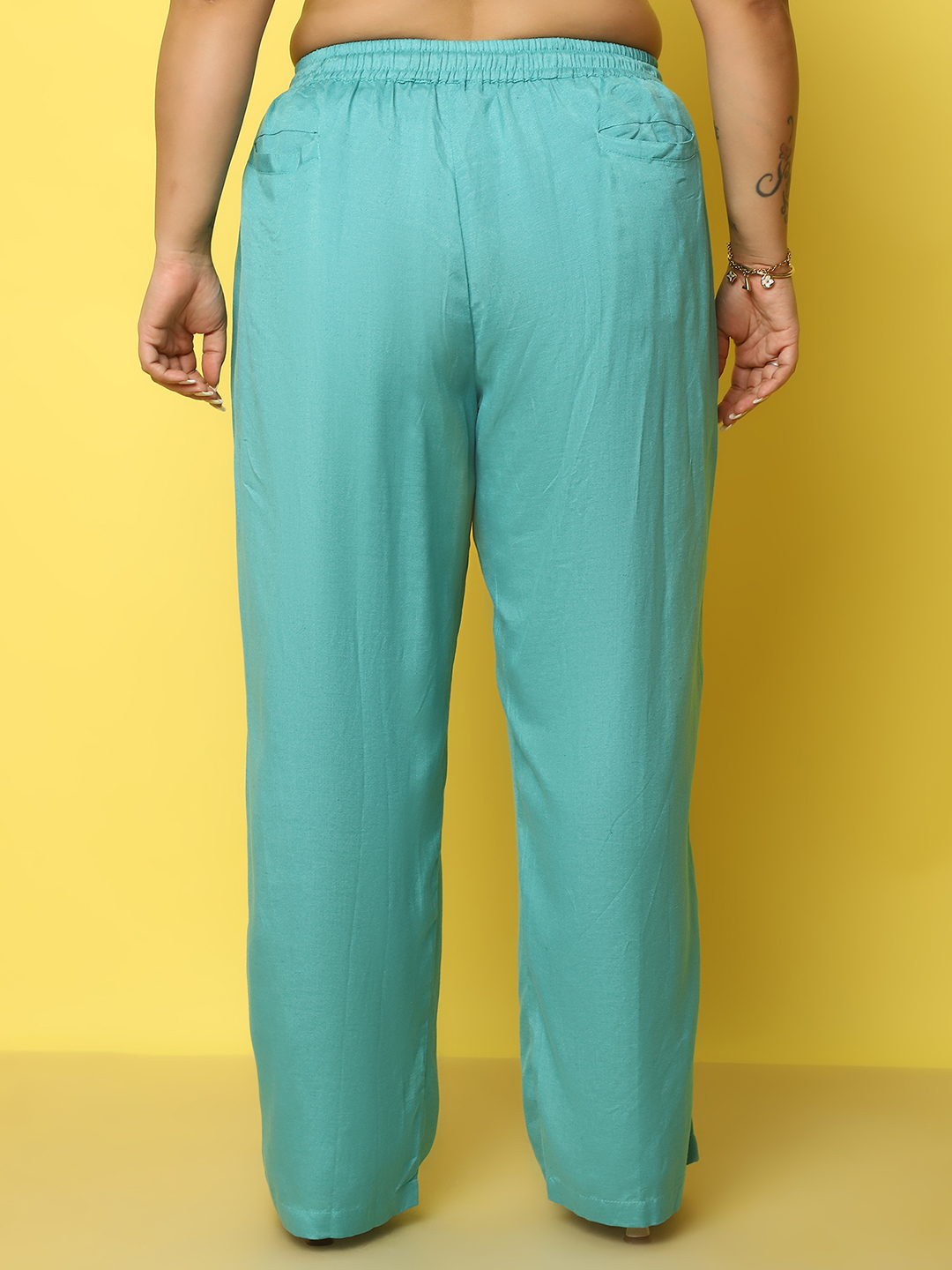 Women's Plus Size Teal Solid Color Linen Trouser
