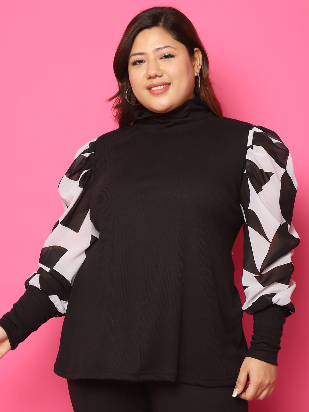 Women's Plus Size Black solid color knitted Longline Top with attached white & black floral printed georgette arm