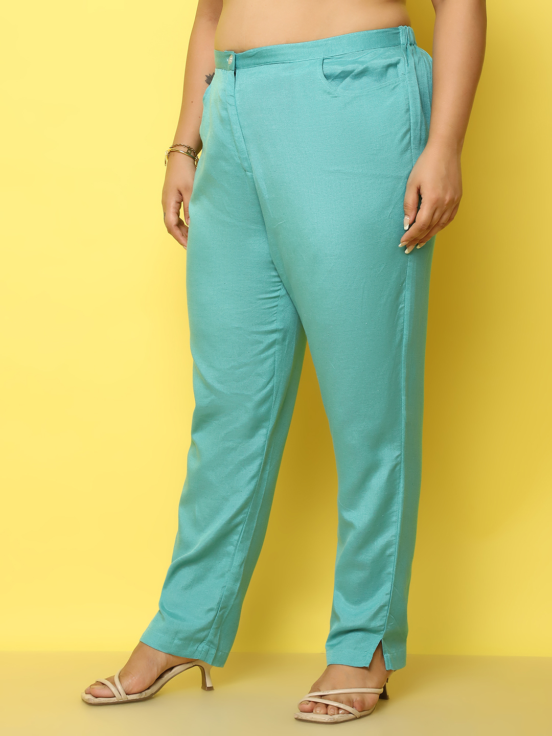 Women's Plus Size Teal Solid Color Smart Tapered Fit High-Rise Trouser