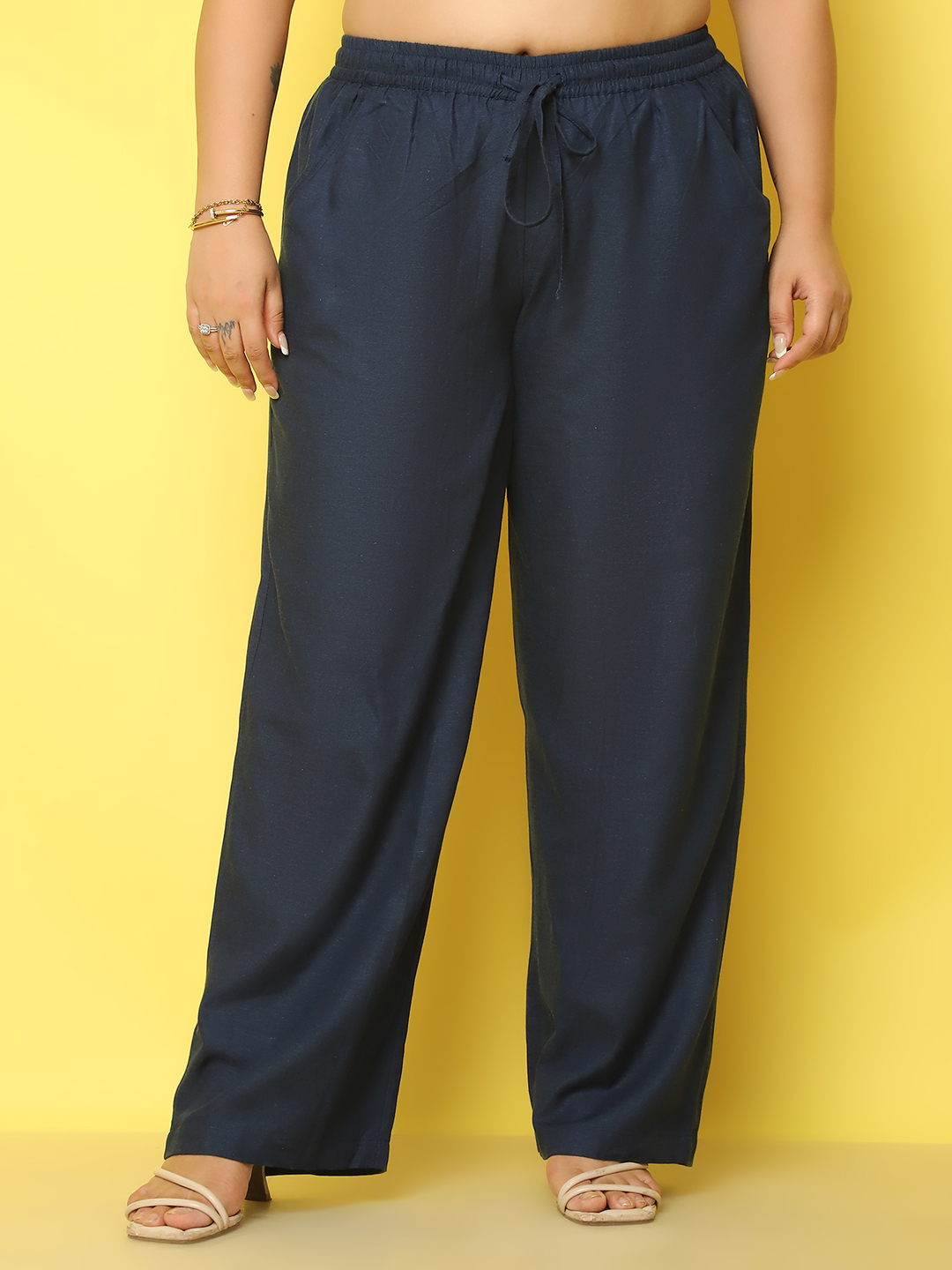 Women's Plus Size Navy Blue Solid Color Linen Trouser