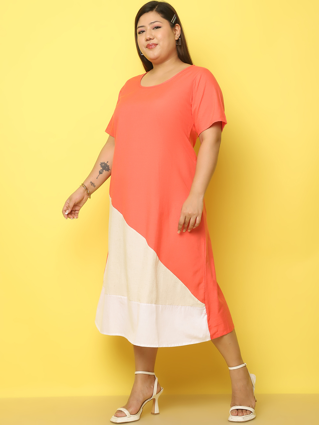 Women's Plus Size Coral, Natural & White Color block A-Line Linen Dress, has a round neck, short sleeves, midi in length and flared hem.