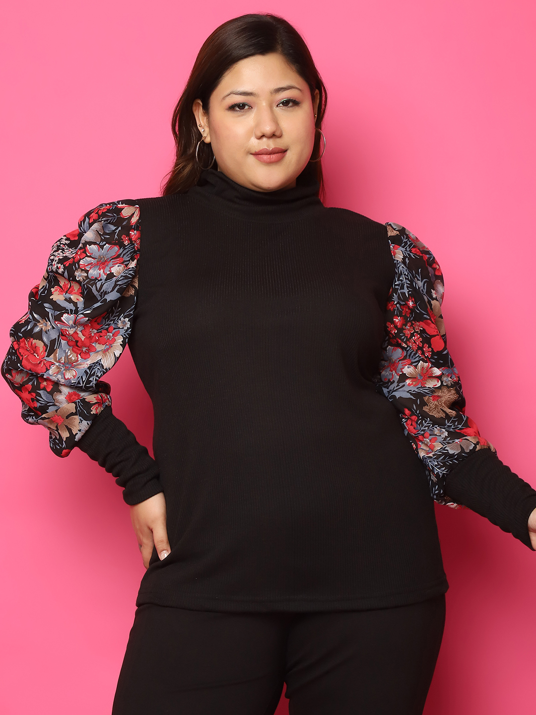 Women's Plus Size Black solid color knitted Longline Top with attached red floral printed georgette arm