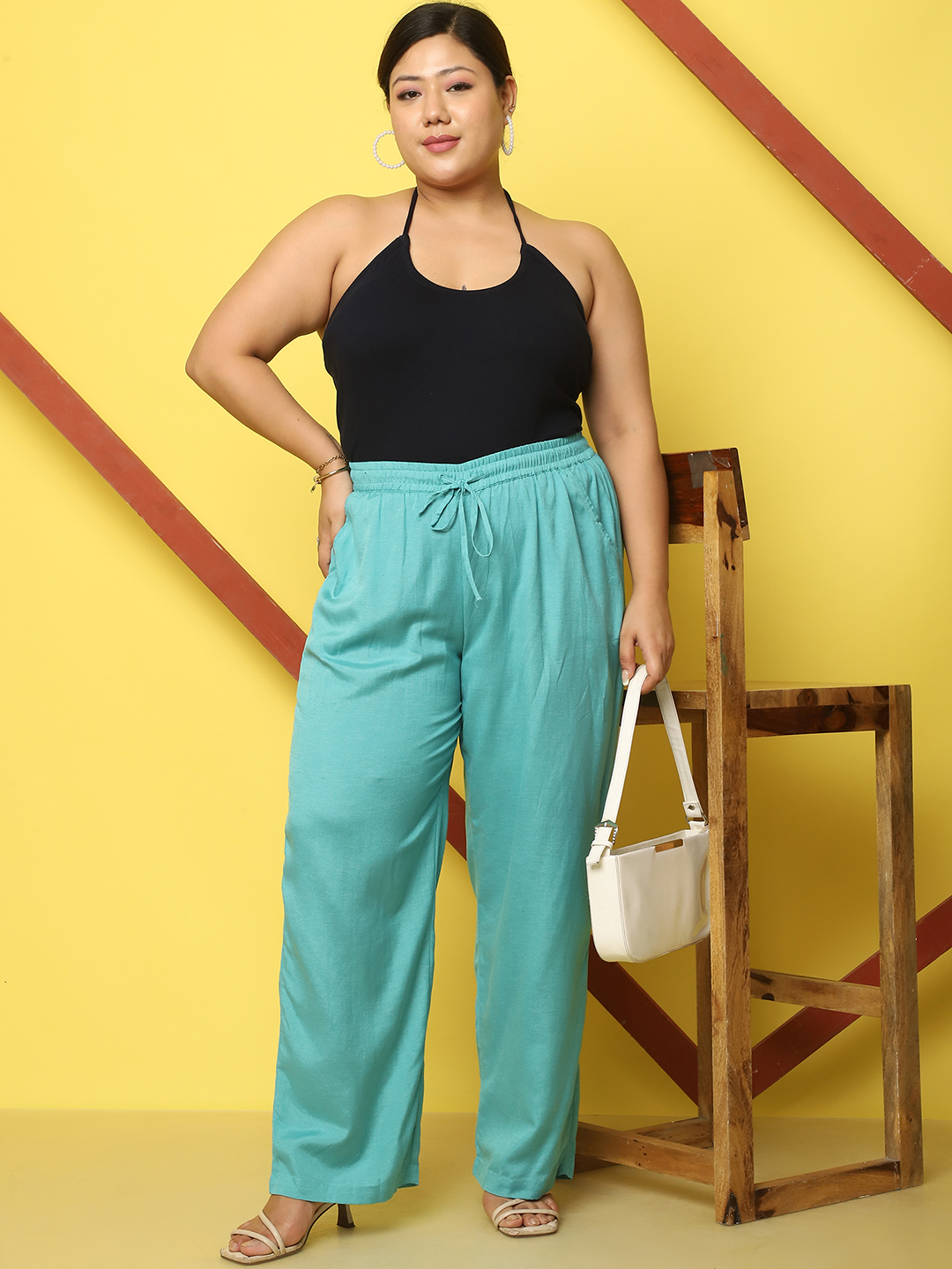 Women's Plus Size Teal Solid Color Linen Trouser