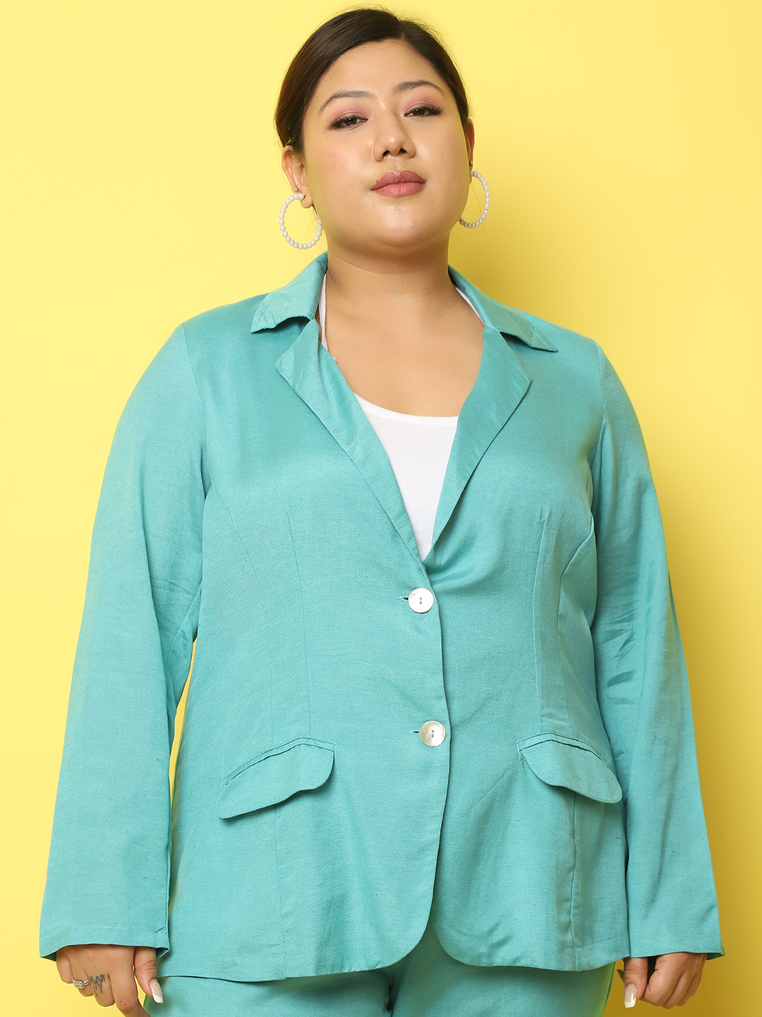 Women's Plus Size Teal Solid Color Knitted Linen Jacket