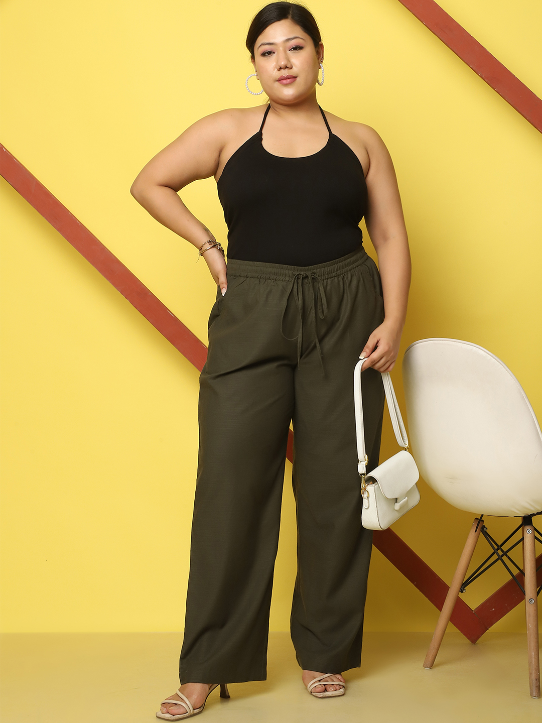 Women's Plus Size Olive Solid Color Linen Trouser