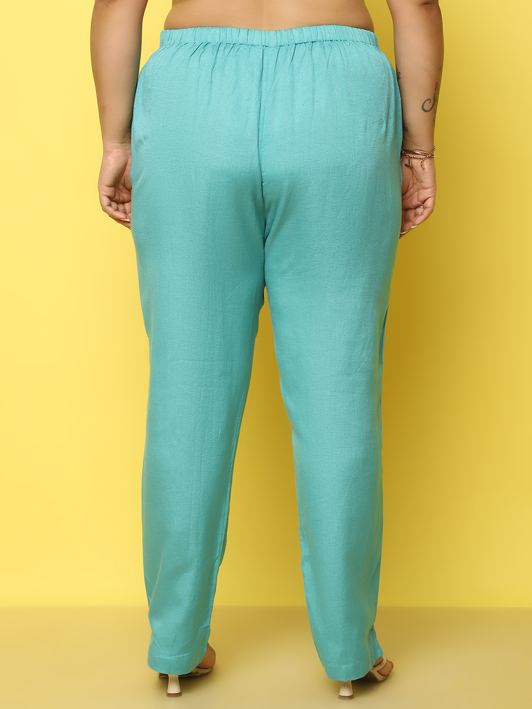 Women's Plus Size Teal Solid Color Smart Tapered Fit High-Rise Trouser
