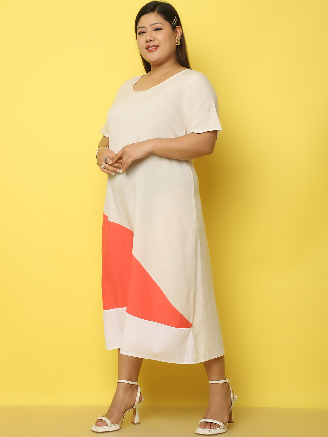 Women's Plus Size Natural, Coral & White Color block A-Line Linen Dress, has a round neck, short sleeves, midi in length and flared hem.