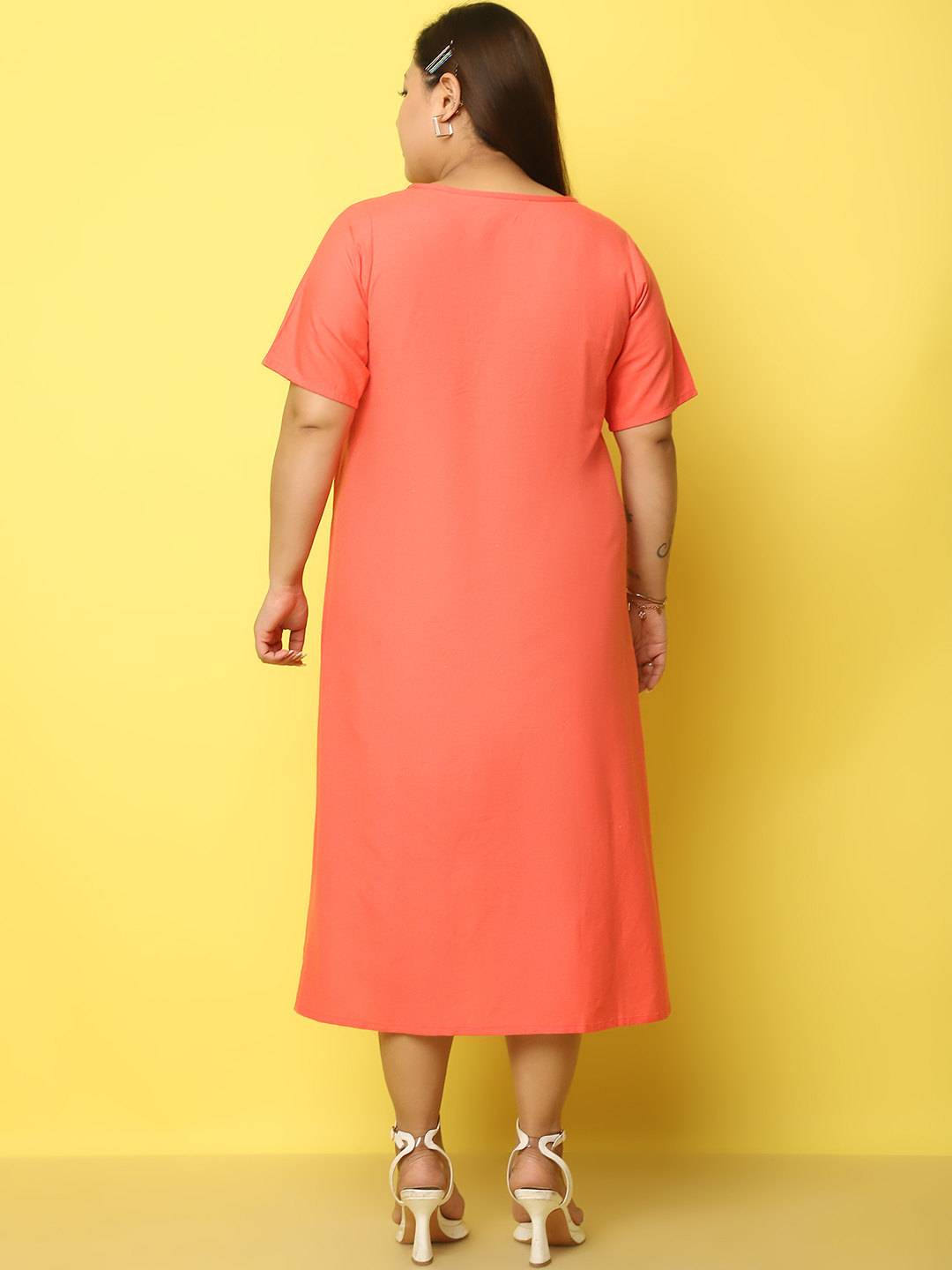 Women's Plus Size Coral, Natural & White Color block A-Line Linen Dress, has a round neck, short sleeves, midi in length and flared hem.