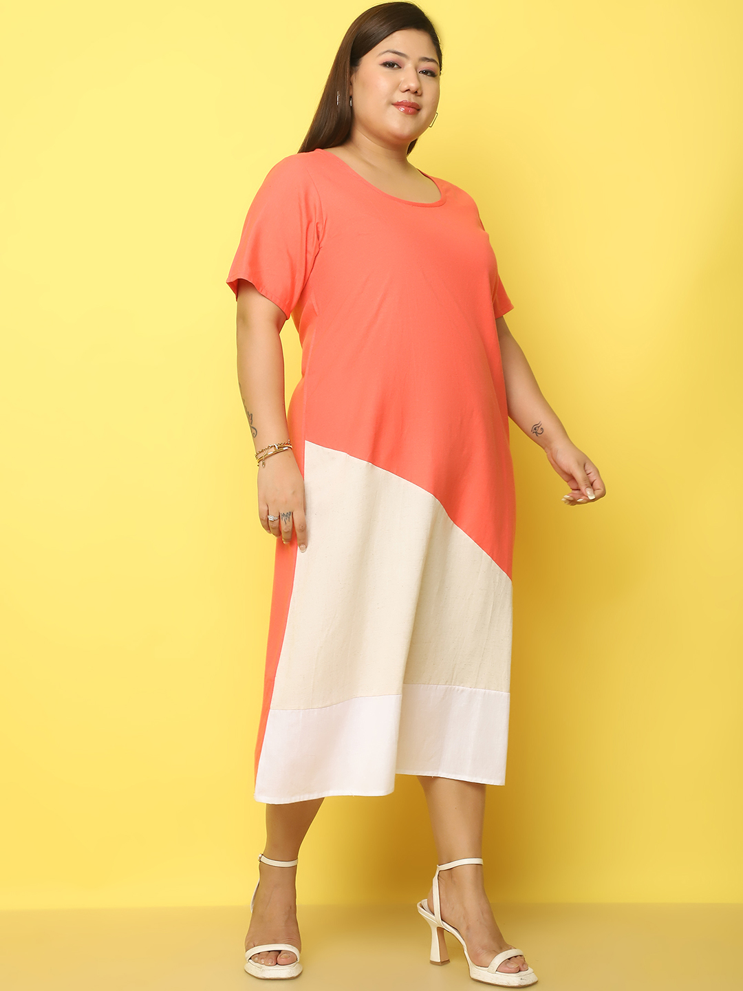 Women's Plus Size Coral, Natural & White Color block A-Line Linen Dress, has a round neck, short sleeves, midi in length and flared hem.