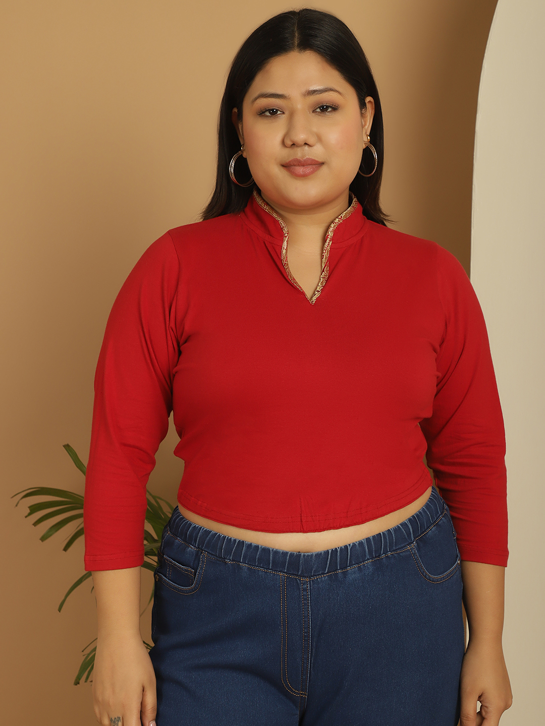Women's Plus Size Maroon Solid Color Cotton Knitted Crop Top