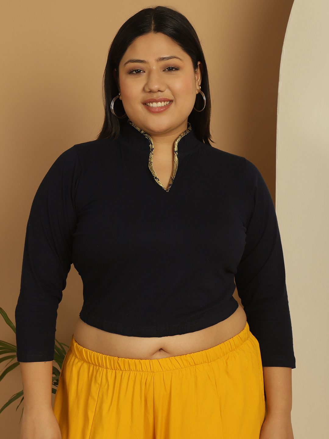 Women's Plus Size Navy Blue Solid Color Cotton Knitted Crop Top