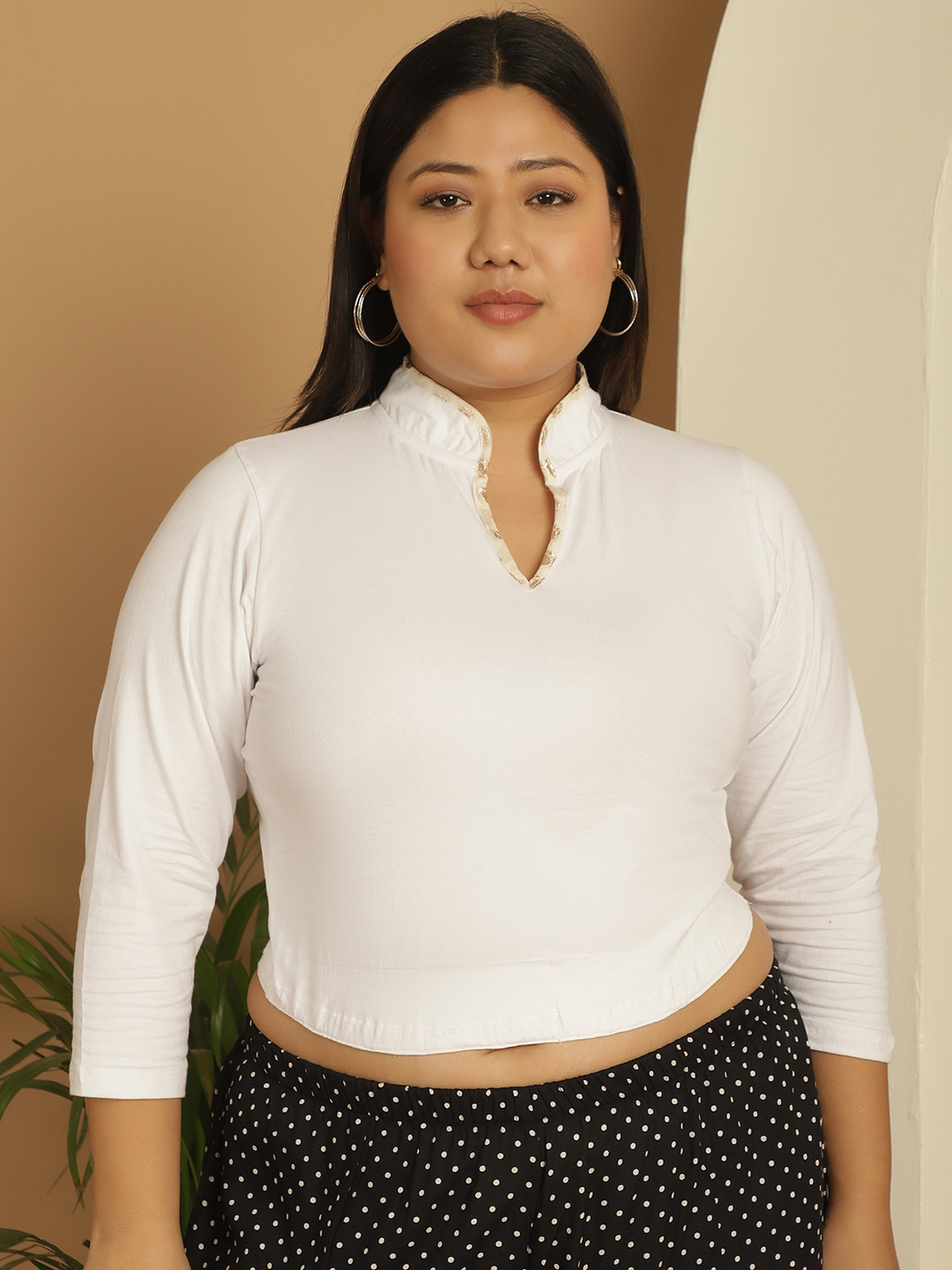 Women's Plus Size White Solid Color Cotton Knitted Crop Top