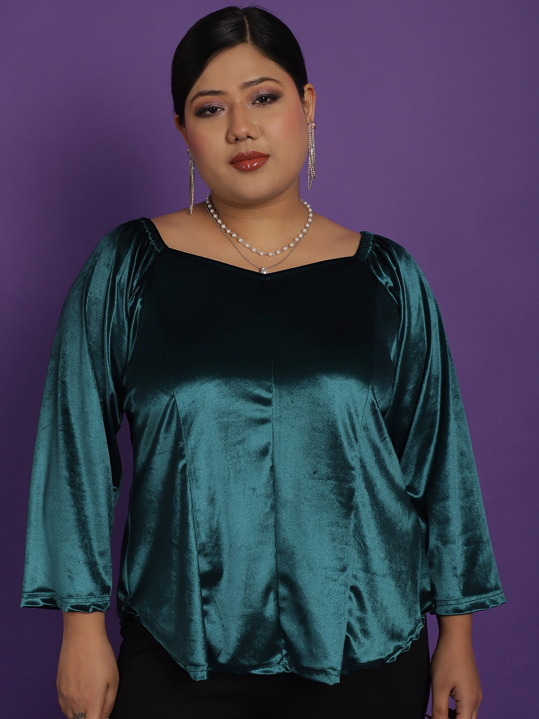 Women's Plus Size Green Solid Color Velvet Top