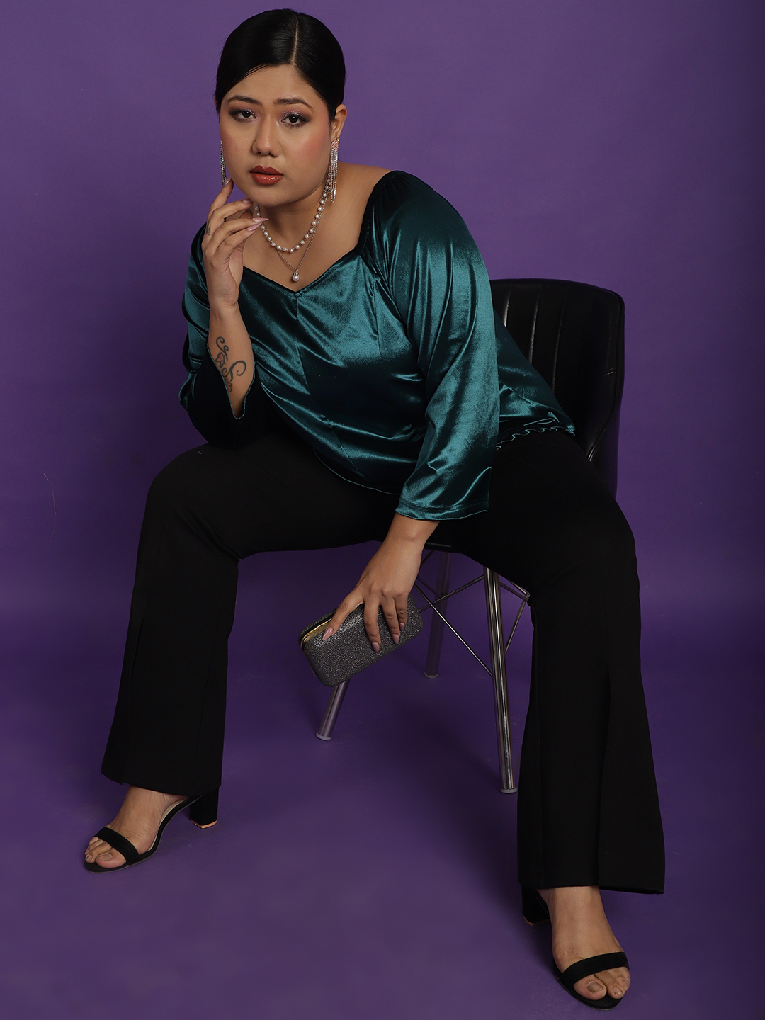 Women's Plus Size Green Solid Color Velvet Top