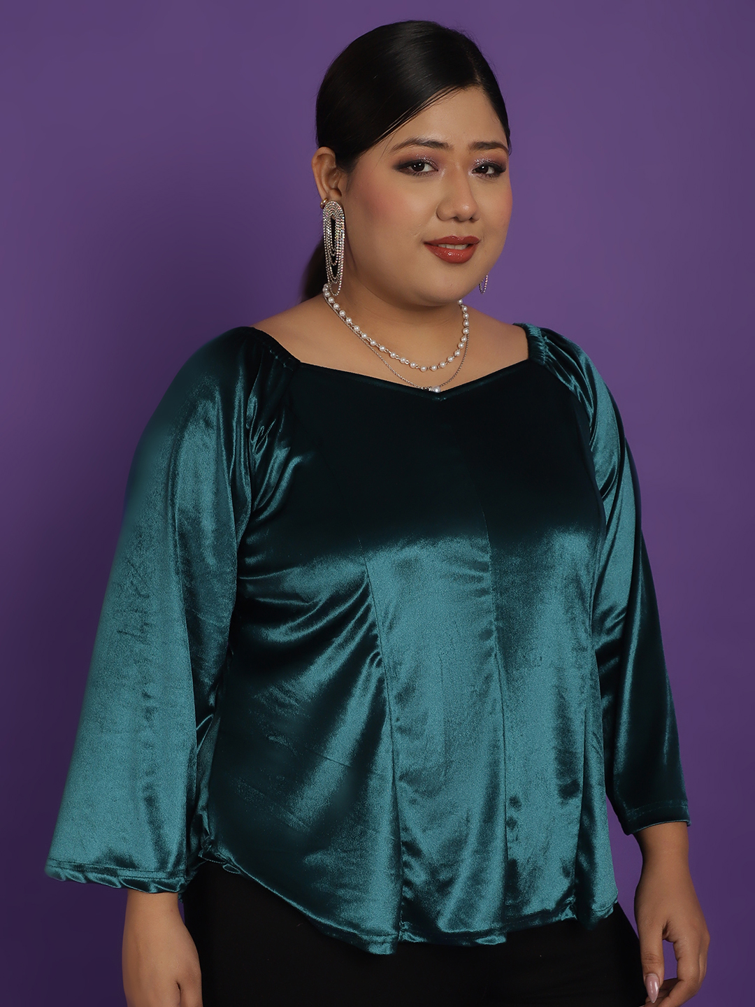 Women's Plus Size Green Solid Color Velvet Top