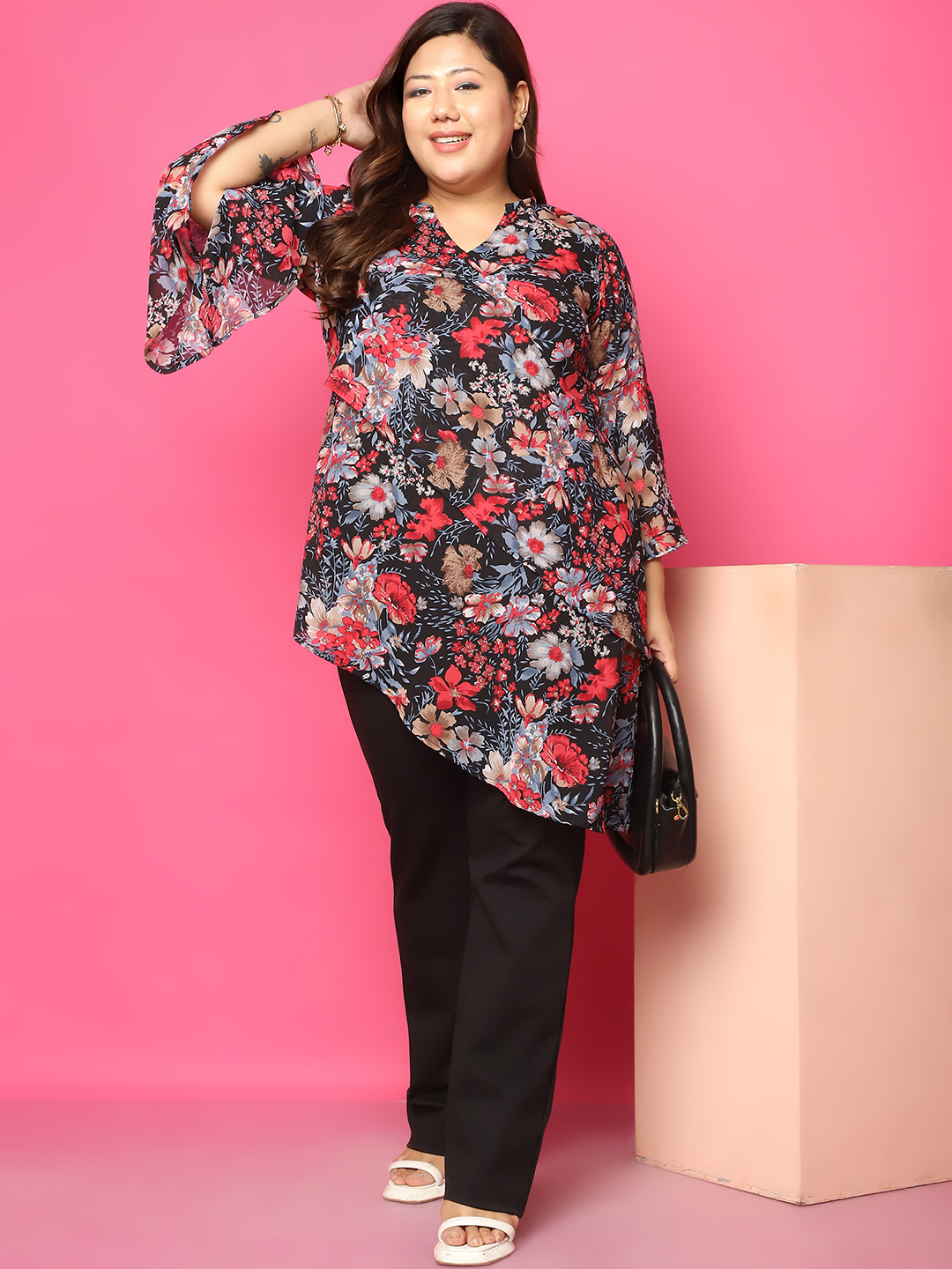 Women's Plus Size Black Red Rose Floral Printed Asymmetric Longline Top