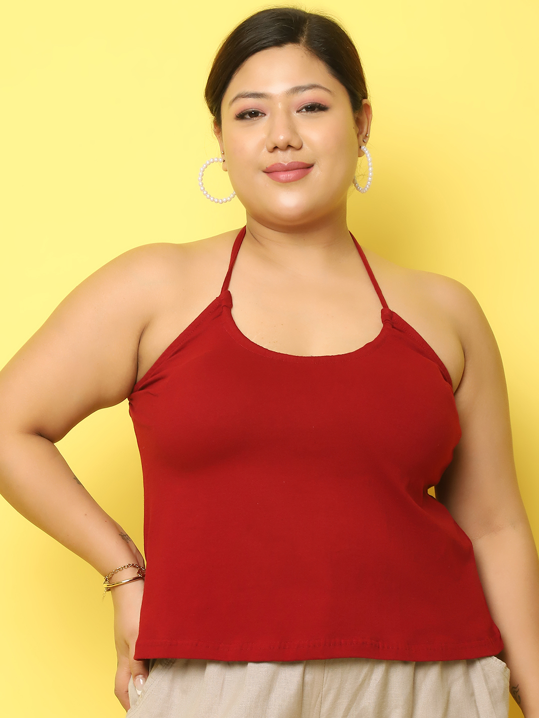 Women's Plus Size Maroon Solid Color Cotton Knitted Camisole