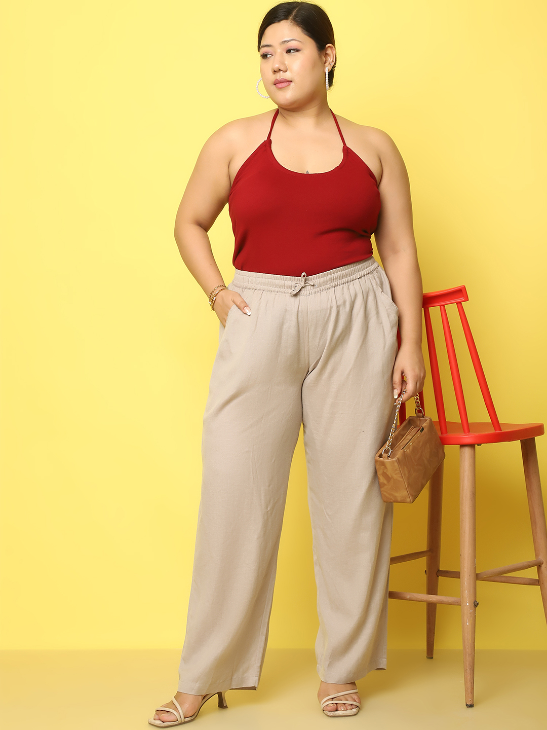 Women's Plus Size Maroon Solid Color Cotton Knitted Camisole