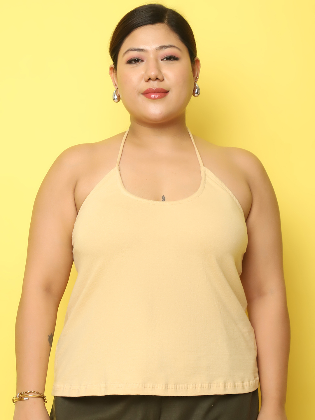 Women's Plus Size Beige Solid Color Cotton Knitted Camisole