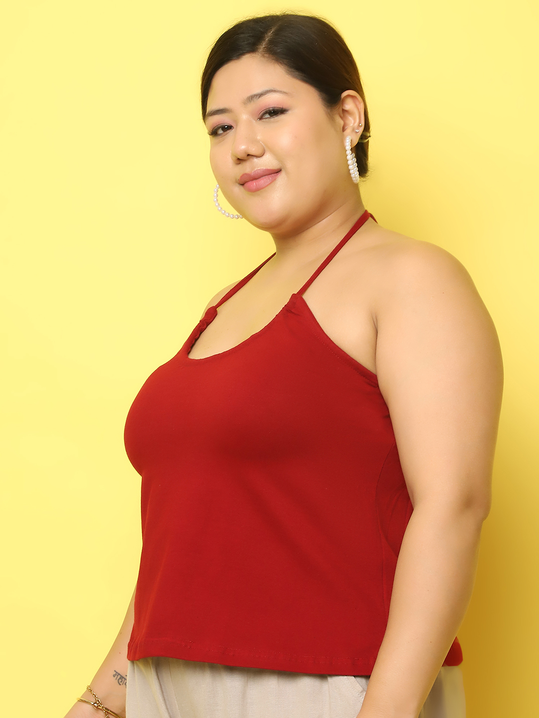 Women's Plus Size Maroon Solid Color Cotton Knitted Camisole