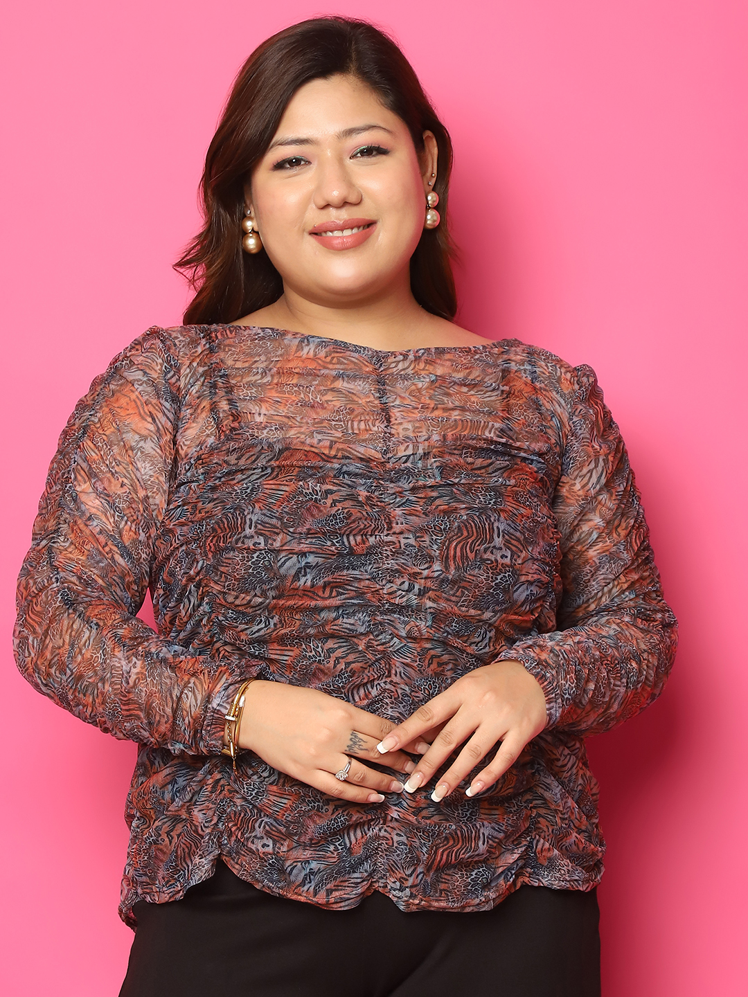 Women's Plus Size Tiger Printed Sheer Georgette Top