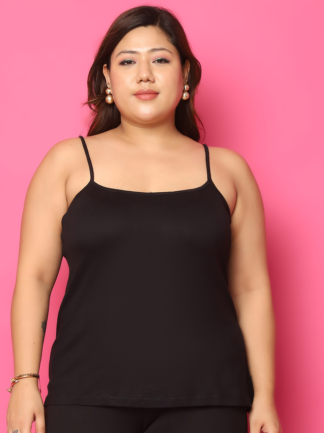 Women's Plus Size Black solid color viscose knitted camisole