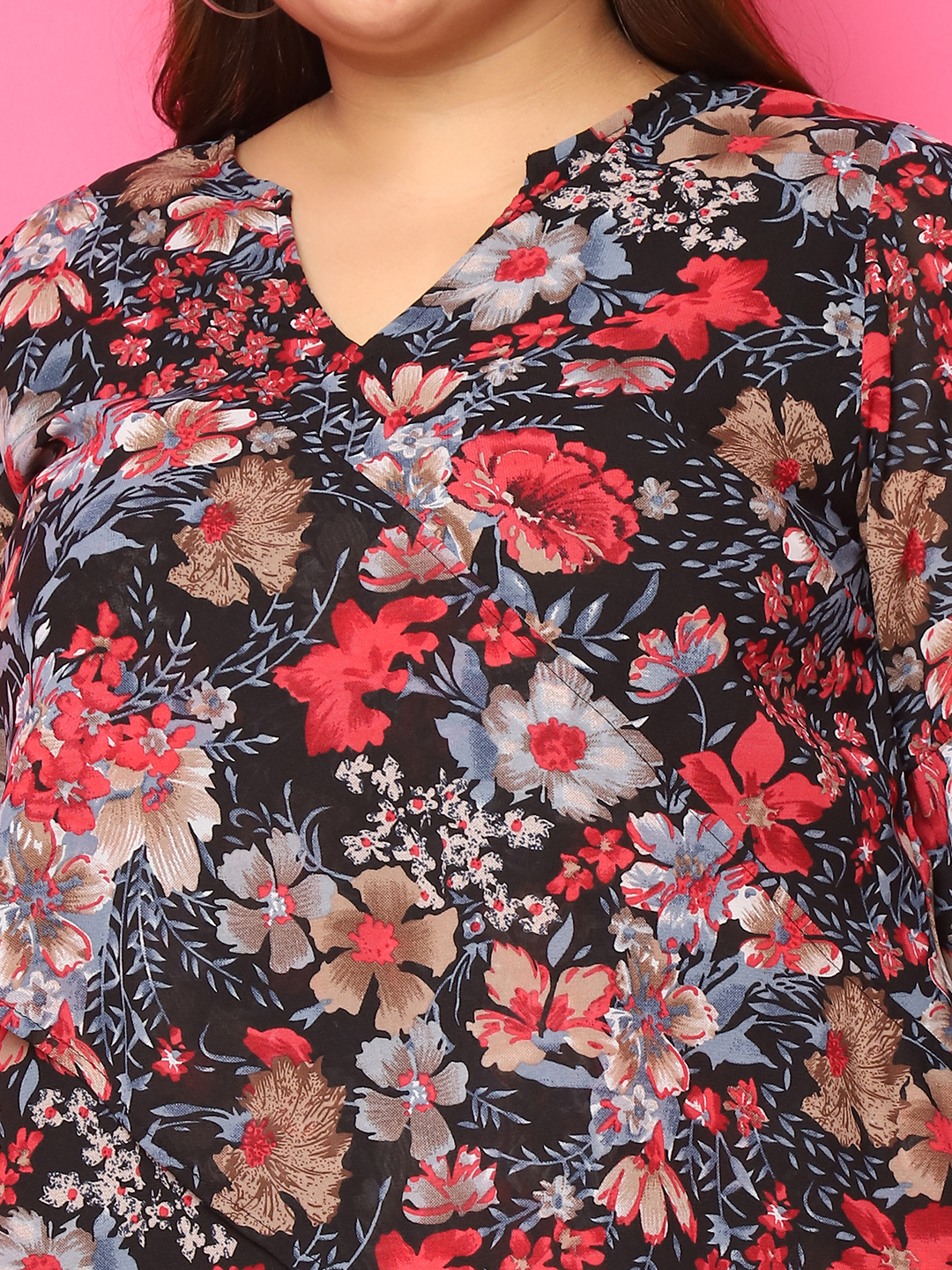 Women's Plus Size Black Red Rose Floral Printed Asymmetric Longline Top