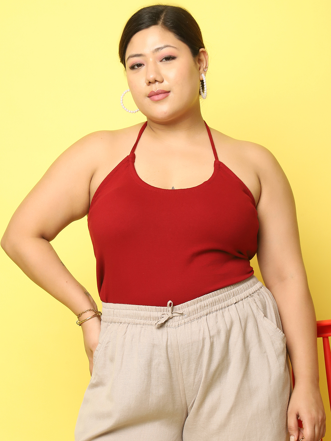 Women's Plus Size Maroon Solid Color Cotton Knitted Camisole