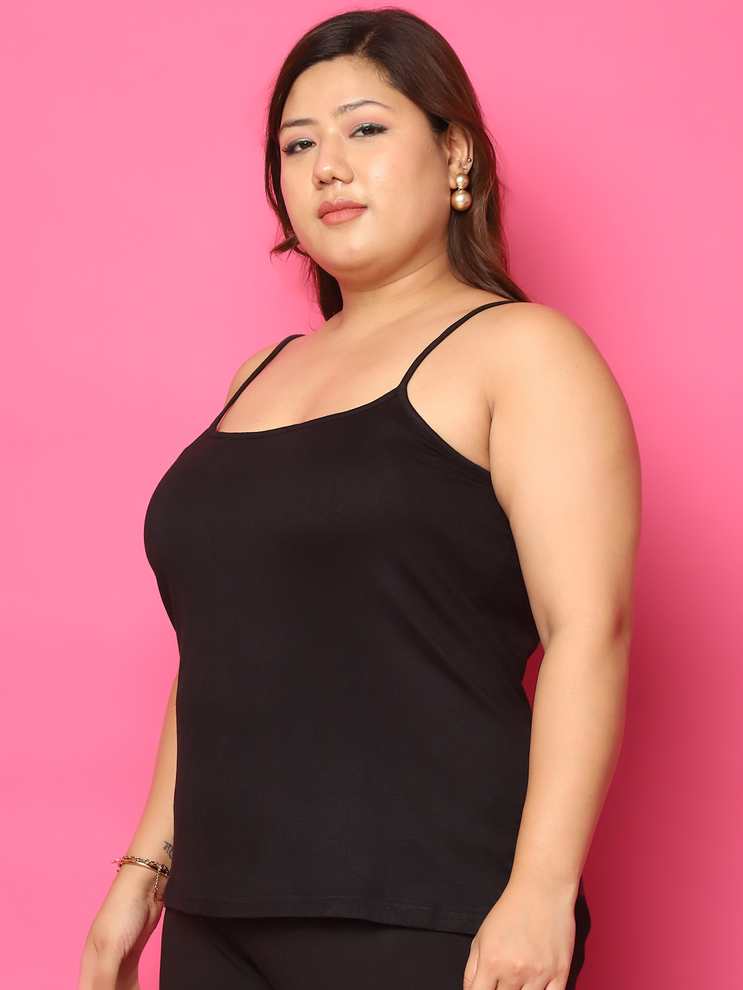 Women's Plus Size Black solid color viscose knitted camisole