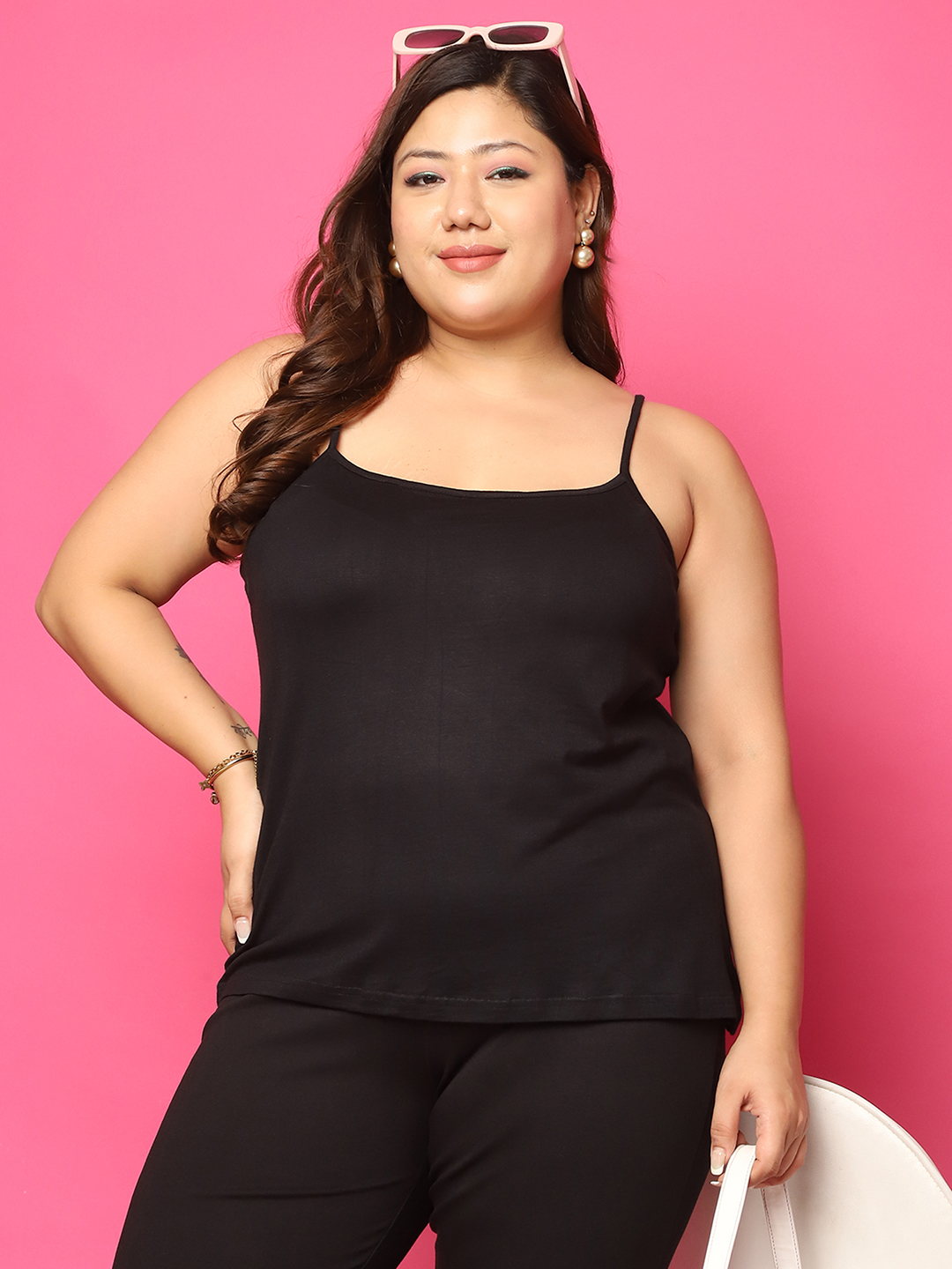 Women's Plus Size Black solid color viscose knitted camisole
